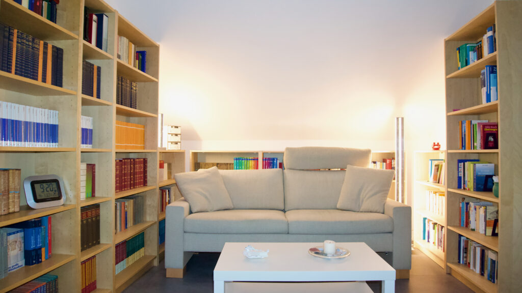 Gemütliches Sofa, eingerahmt von Bücherregalen. Hier können Sie Platz nehmen und Ihre Themen benennen.