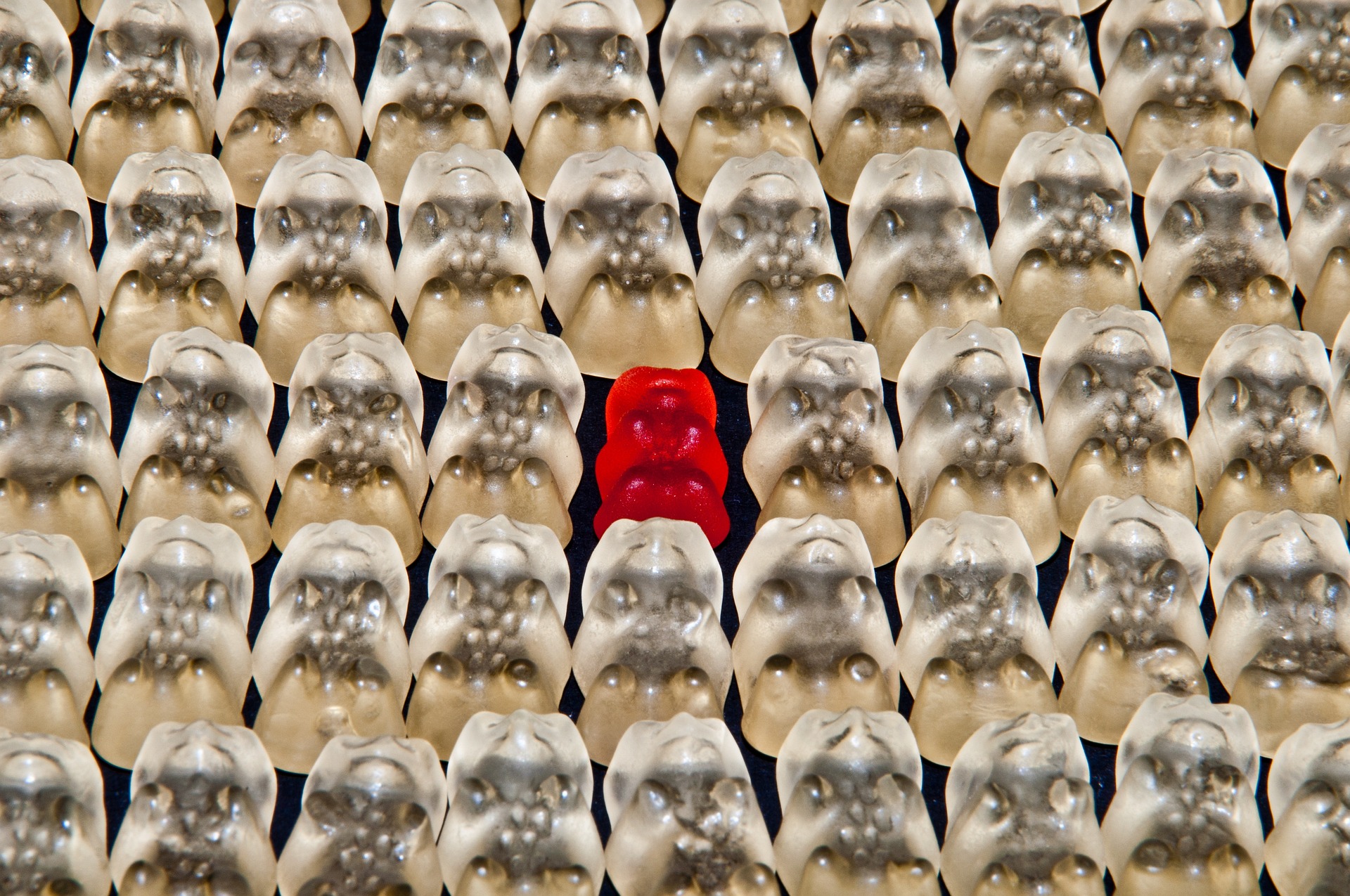 Eine Reihe von durchsichtigen Gummibärchen. Das mittlere fällt auf, weil es rot ist. Scheitern macht uns besonders, weil die Schamröte uns leichten lässt.